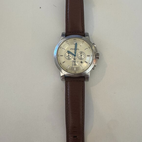 Fossil Men’s Chronograph Watch – Cream Dial, Blue Hands, Brown Leather Band - Picture 1 of 2